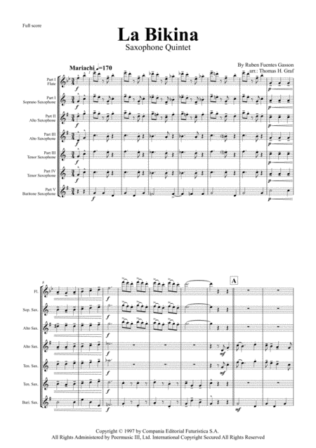 La Bikina Mariachi Luis Fuentes Saxophone Quintet Sheet Music