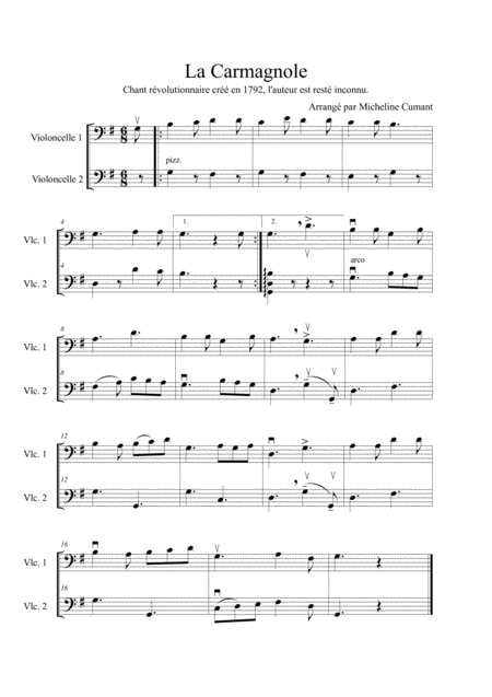 Free Sheet Music La Carmagnole Chant Rvolutionnaire De 1792 Pour 2 Violoncelles