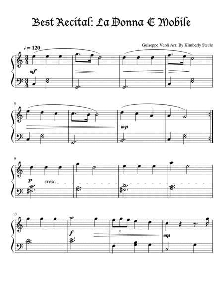 Free Sheet Music La Donna E Mobile For Easy Piano Level 2