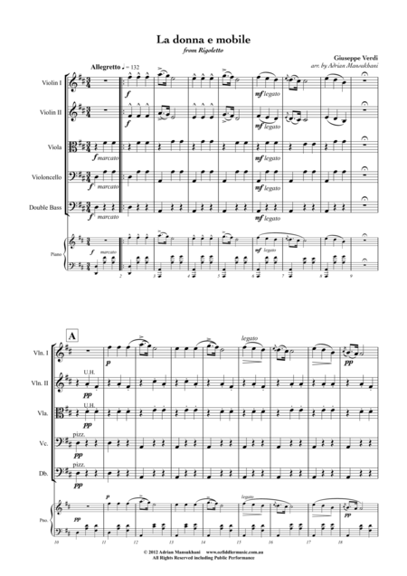 Free Sheet Music La Donna E Mobile From Rigoletto By Giuseppe Verdi Arranged For String Orchestra By Adrian Mansukhani