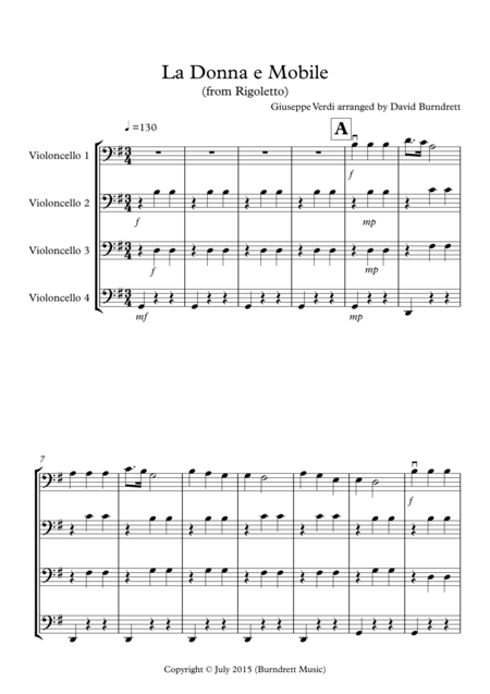 Free Sheet Music La Donna E Mobile From Rigoletto For Cello Quartet