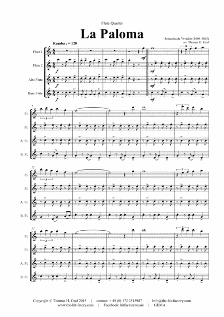 Free Sheet Music La Paloma Spanish Habanera Flute Quartet