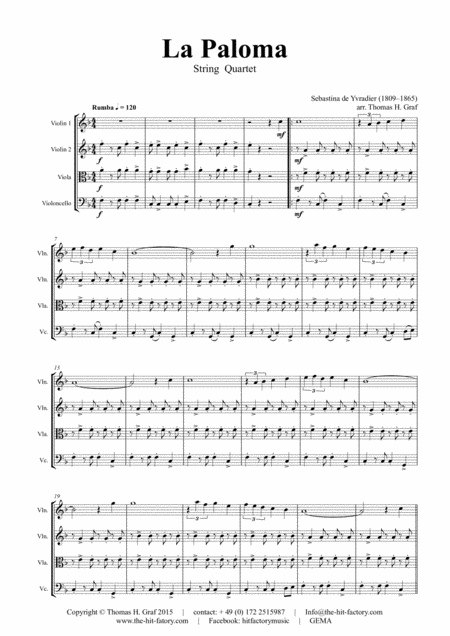 La Paloma Spanish Habanera String Quartet Sheet Music