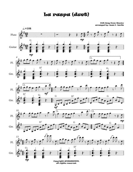 Free Sheet Music La Raspa Folk Song From Mexico Duet For Flute And Guitar
