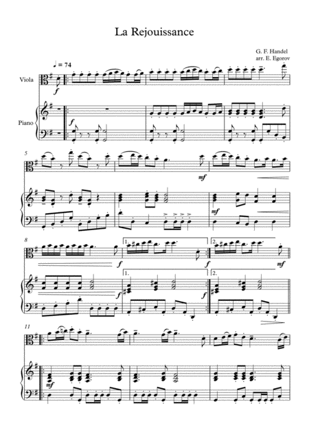 Free Sheet Music La Rejouissance George Frideric Handel For Viola Piano