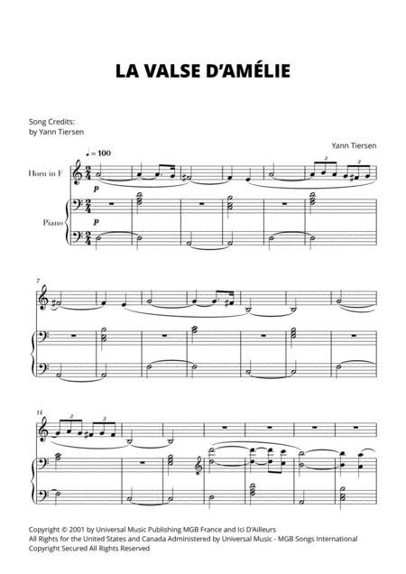 Free Sheet Music La Valse D Amlie For French Horn And Piano Yann Tiersen