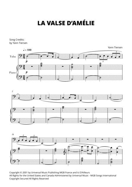 Free Sheet Music La Valse D Amlie For Tuba And Piano Yann Tiersen