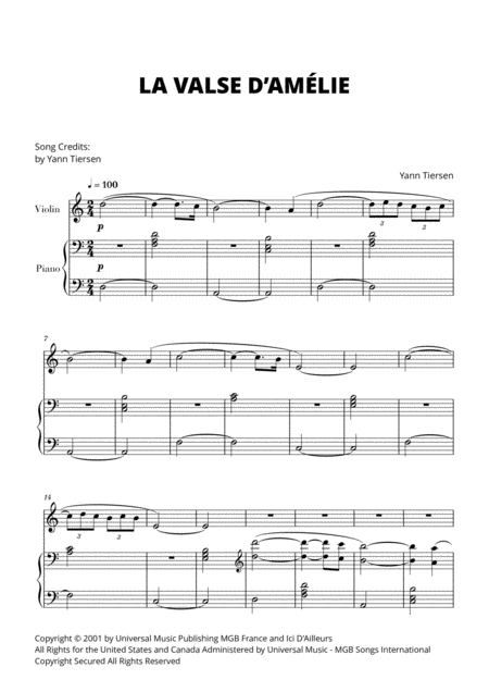 Free Sheet Music La Valse D Amlie For Violin And Piano Yann Tiersen