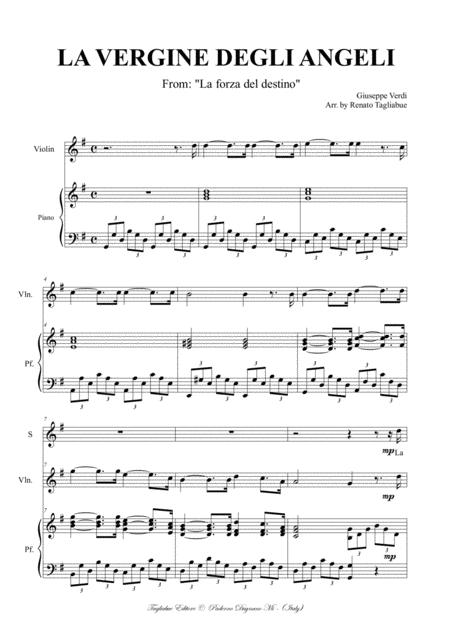 Free Sheet Music La Vergine Degli Angeli G Verdi Arr For Soprano Violin And Piano