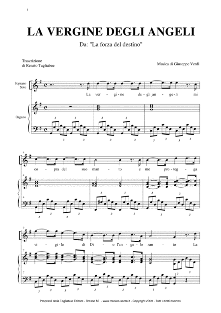 La Vergine Degli Angeli Verdi For Soprano Or Any Instrument In C And Organ Sheet Music