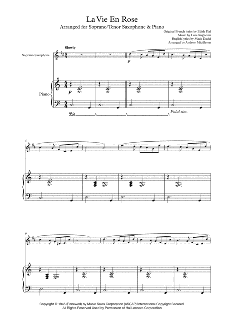 Free Sheet Music La Vie En Rose Arranged For Tenor Saxophone