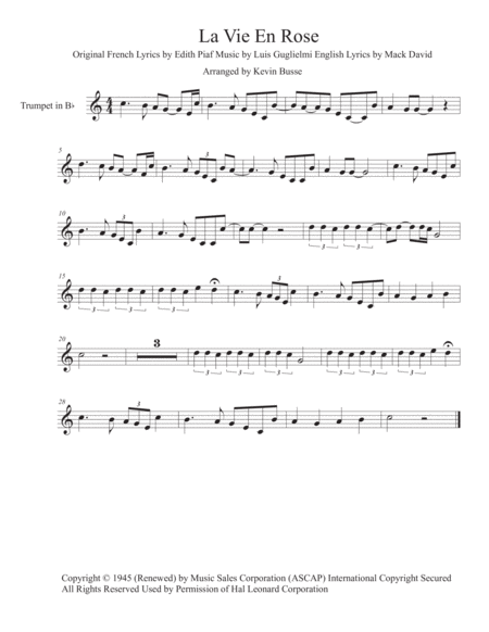 Free Sheet Music La Vie En Rose Easy Key Of C Trumpet