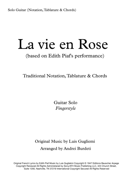 Free Sheet Music La Vie En Rose Fingerstyle Solo Guitar