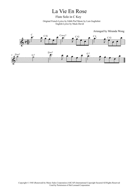 La Vie En Rose Flute Or Oboe Solo In C Key With Chords Sheet Music