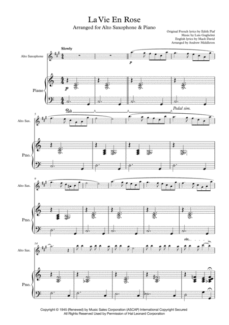 Free Sheet Music La Vie En Rose For Alto Saxophone And Piano