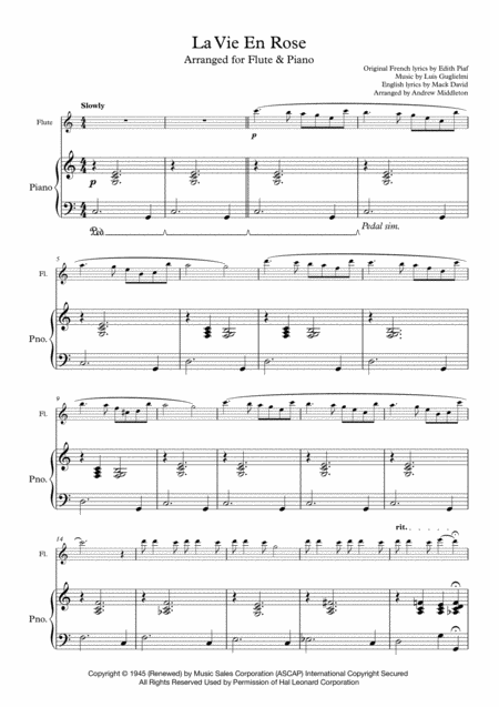 Free Sheet Music La Vie En Rose For Flute And Piano