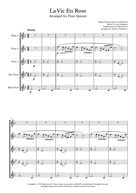 La Vie En Rose For Flute Quintet Sheet Music