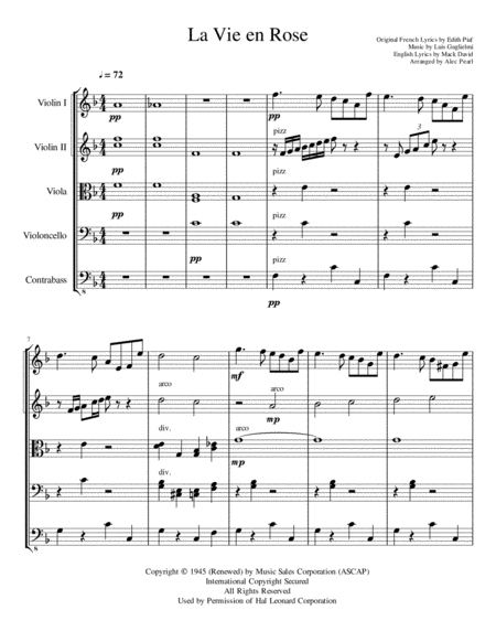 La Vie En Rose For String Orchestra Sheet Music