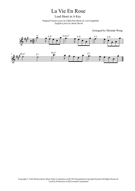 La Vie En Rose Lead Sheet In A Key With Chords Sheet Music