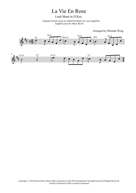 La Vie En Rose Lead Sheet In D Key With Chords Sheet Music