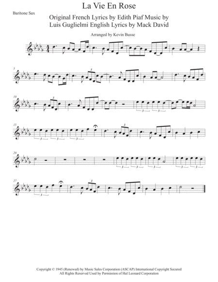 Free Sheet Music La Vie En Rose Original Key Bari