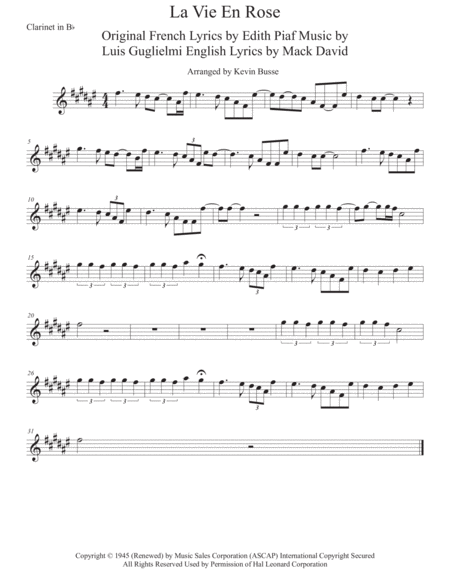 La Vie En Rose Original Key Clarinet Sheet Music