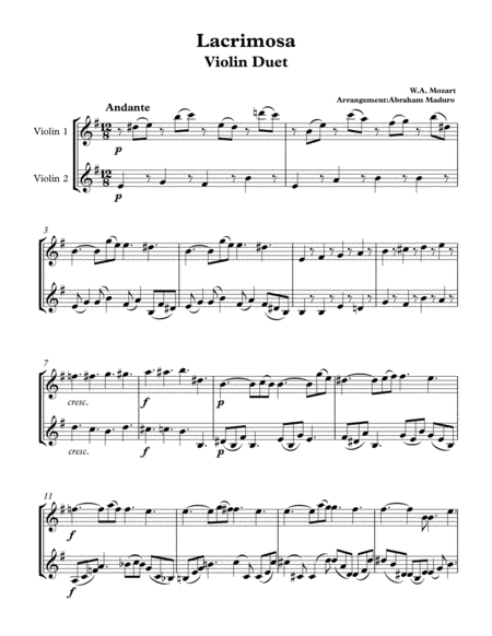 Lacrimosa From Mozarts Requiem Violin Duet Sheet Music