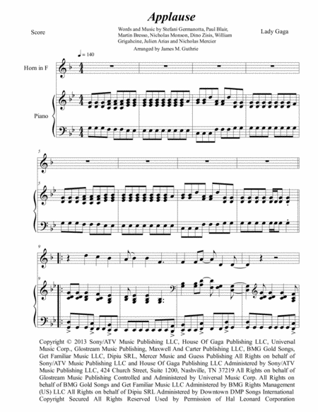 Lady Gaga Applause For French Horn Piano Sheet Music