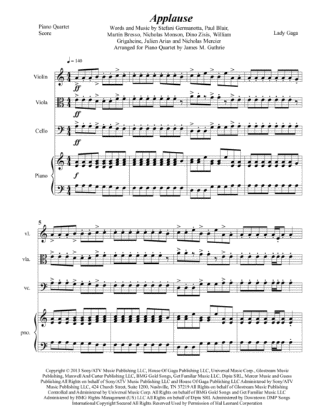 Lady Gaga Applause For Piano Quartet Sheet Music