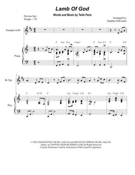 Lamb Of God Duet For Bb Trumpet And French Horn Sheet Music