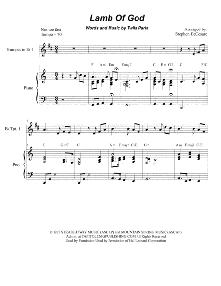 Free Sheet Music Lamb Of God Duet For Bb Trumpet