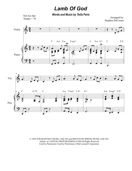 Lamb Of God Duet For Violin And Cello Sheet Music