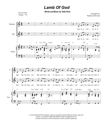 Free Sheet Music Lamb Of God For Vocal Trio Sab