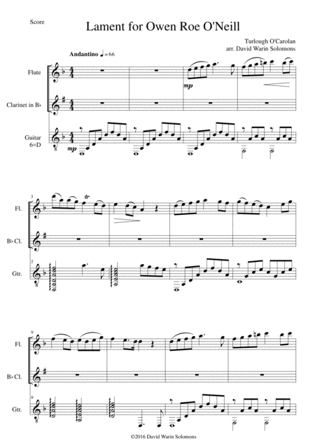 Lament For Owen Roe O Neill For Flute Clarinet And Guitar Sheet Music