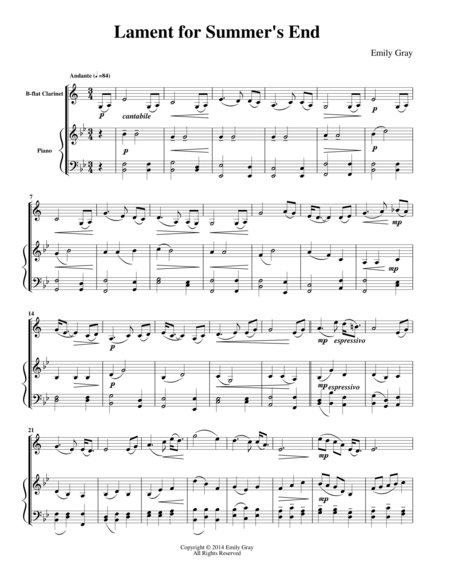 Lament For Summers End For Clarinet And Piano Sheet Music