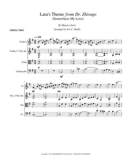 Laras Theme From Dr Zhivago Somewhere My Love String Trio Sheet Music