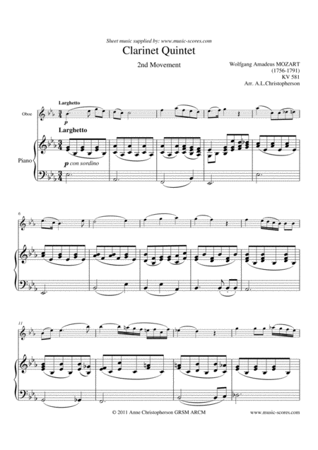 Free Sheet Music Larghetto From Mozarts Clarinet Quintet Oboe And Piano