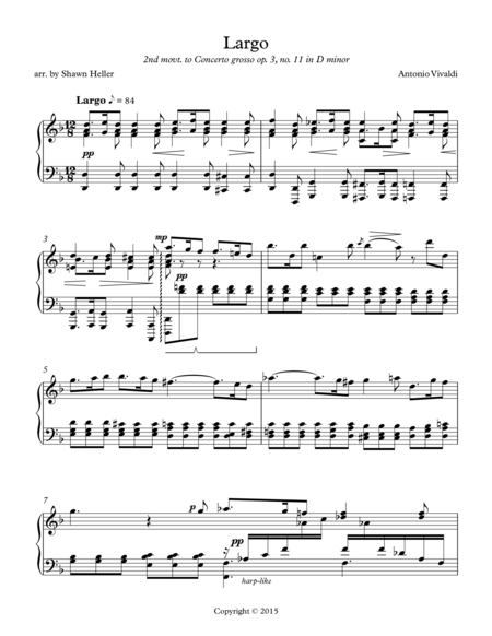 Free Sheet Music Largo 2nd Mvt From Concerto Grosso Op 3 11 In D Minor Rv565 Piano Solo Arr Shawn Heller