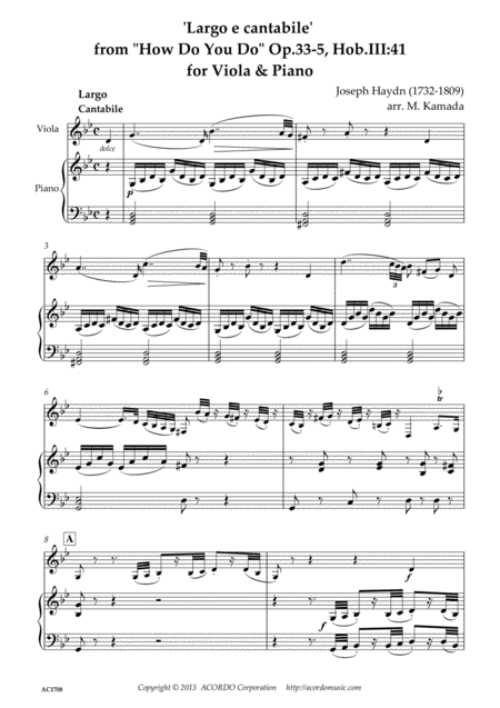 Largo E Cantabile From How Do You Do Op 33 5 Hob Iii 41 For Viola Piano Sheet Music