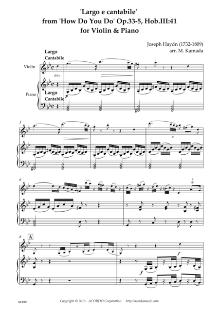 Free Sheet Music Largo E Cantabile From How Do You Do Op 33 5 Hob Iii 41 For Violin Piano