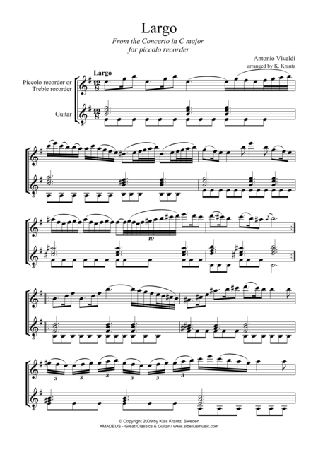 Largo For Descant Treble And Guitar Sheet Music