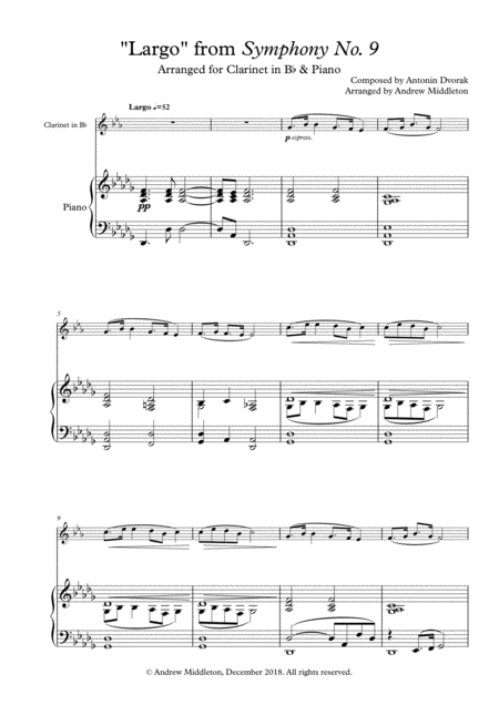 Free Sheet Music Largo From Symphony No 9 Arranged For Clarinet Piano