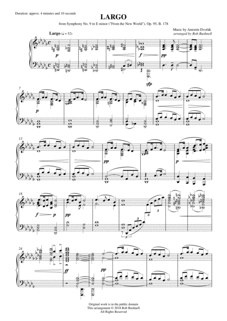 Largo From Symphony No 9 From The New World Dvorak Theme For Solo Piano Original Key Sheet Music