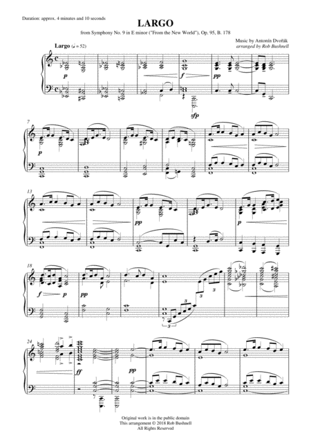 Free Sheet Music Largo From Symphony No 9 From The New World Dvorak Theme For Solo Piano Transposed Easier Key