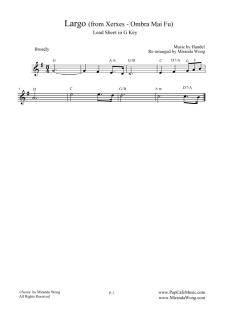 Largo From Xerxes Lead Sheet In G Key Violin Or Flute Solo Sheet Music