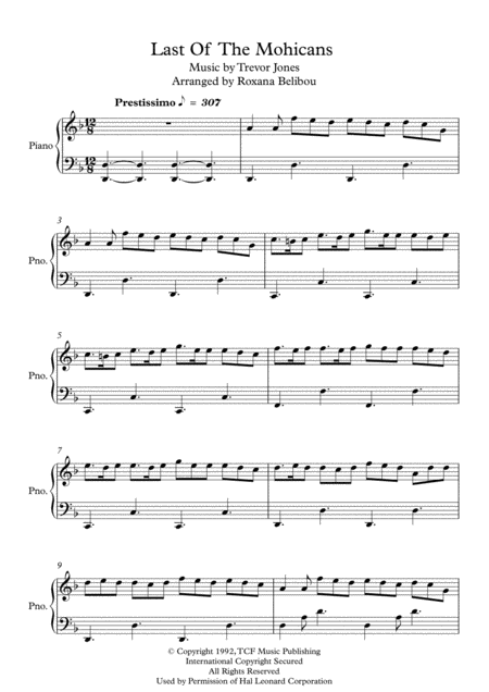 Last Of The Mohicans Main Theme Piano Sheet Music