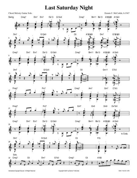 Last Saturday Night Chord Melody Guitar Solo Sheet Music