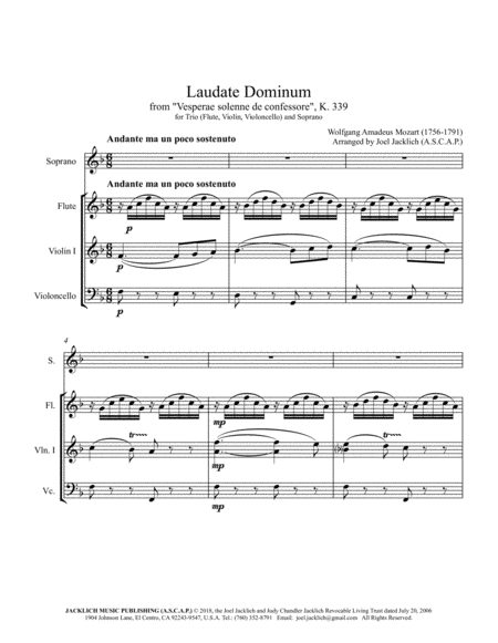 Laudate Dominum From Vesperae Solenne De Confessore K 399 For Solo Soprano Flute Violin Cello Sheet Music