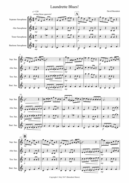 Free Sheet Music Laundrette Blues For Saxophone Quartet