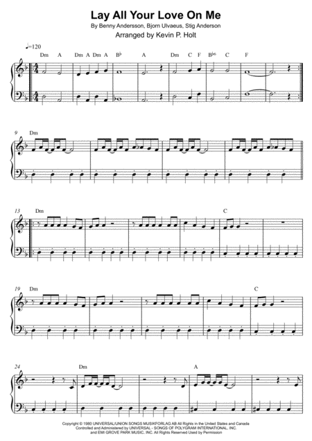 Lay All Your Love On Me Abba Easy Piano Sheet Music